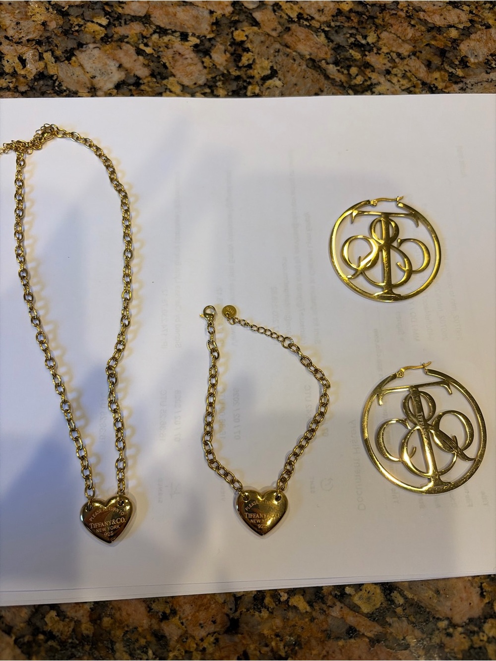 Tiffany & Co. Gold Heart Tag Necklace and Bracelet with matching T&C Hoops